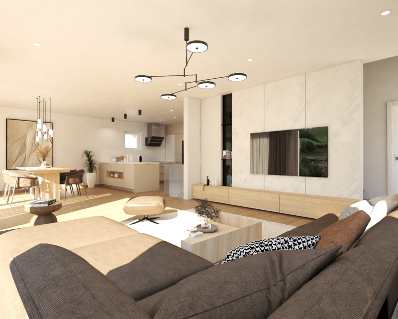Open-concept living room and kitchen with modern decor, large windows, wooden floors, a modular sofa, a TV stand, and a chandelier with multiple lights. The kitchen has white cabinets and a kitchen island.