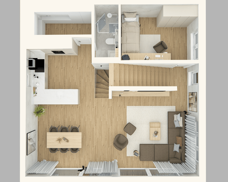 The image shows a floor plan of a small apartment or studio. It consists of a living room/bedroom area, a kitchen, a bathroom, and a balcony or terrace. The living space has a bed, a sofa, and a TV stand. The kitchen appears to be compact with minimal cou