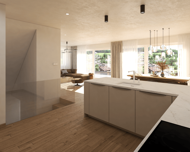 Open-concept living room with kitchen, hardwood floors, large windows overlooking a balcony or terrace, modern lighting fixtures, and a cozy seating area with a sofa and armchair.