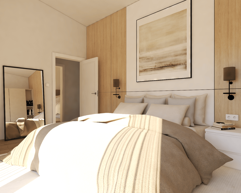 Spacious bedroom with wooden paneling, large windows, a framed artwork, and a comfortable bed with neutral-colored bedding and a throw blanket. The room also features built-in storage cabinets and wall-mounted lamps.