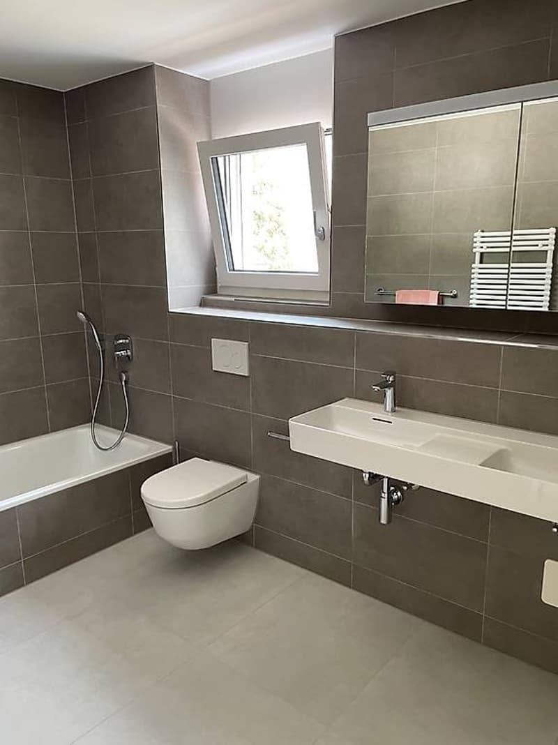 modern bathroom, with bathtub, shower, bidet, sink, mirror