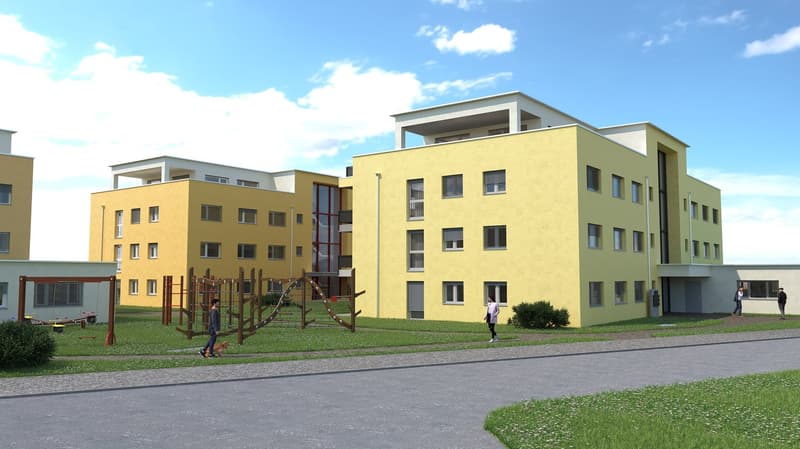 Modern architectural design of multi-story building with 2 storeys, windows with shutters, a green lawn with a playground and walking path.