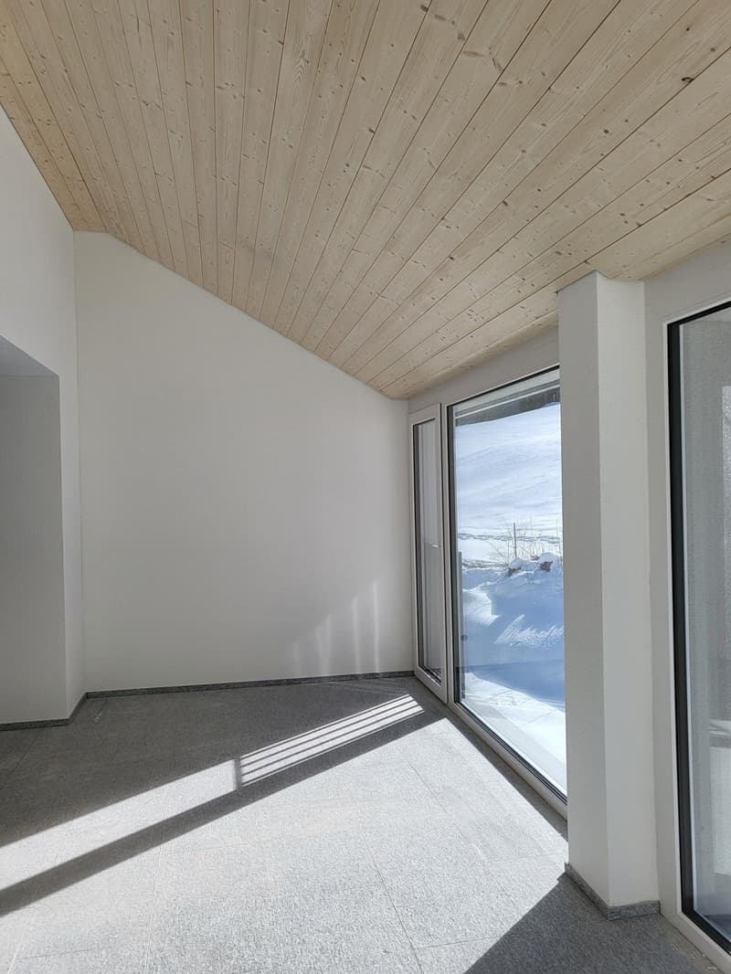 wooden ceiling, double glass windows, grey tiled floor, snowy landscape view