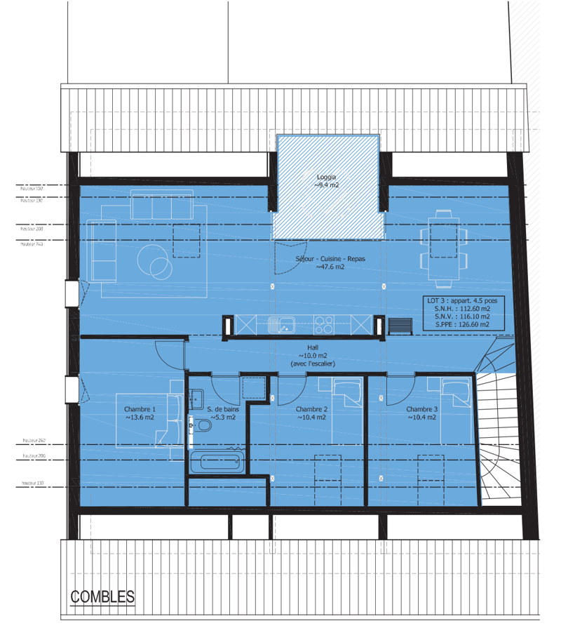 Floor plan showing a living room, kitchen, 3 bedrooms, a bathroom, and a loggia.