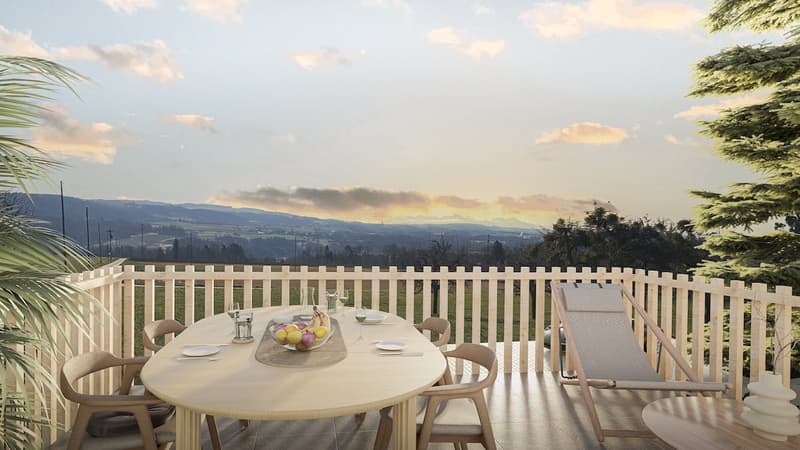Outdoor dining area with a table, chairs, and a view of the mountains.