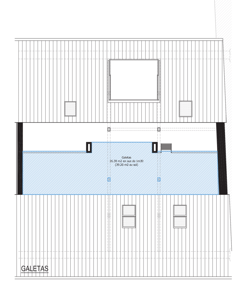 Floor plan showing a rectangular layout with a central pool area, labeled 'Galetas', and dimensions provided.