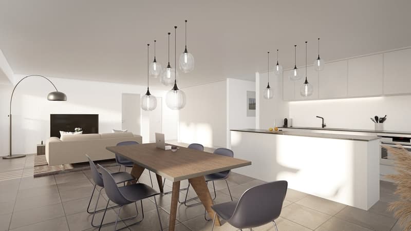 Open-plan living and dining area with a wooden table, modern chairs, and a white kitchen island. The room features a white sofa, a laptop on the table, and a floor lamp. The kitchen has a faucet, a sink, and a countertop with dishes and utensils. There ar