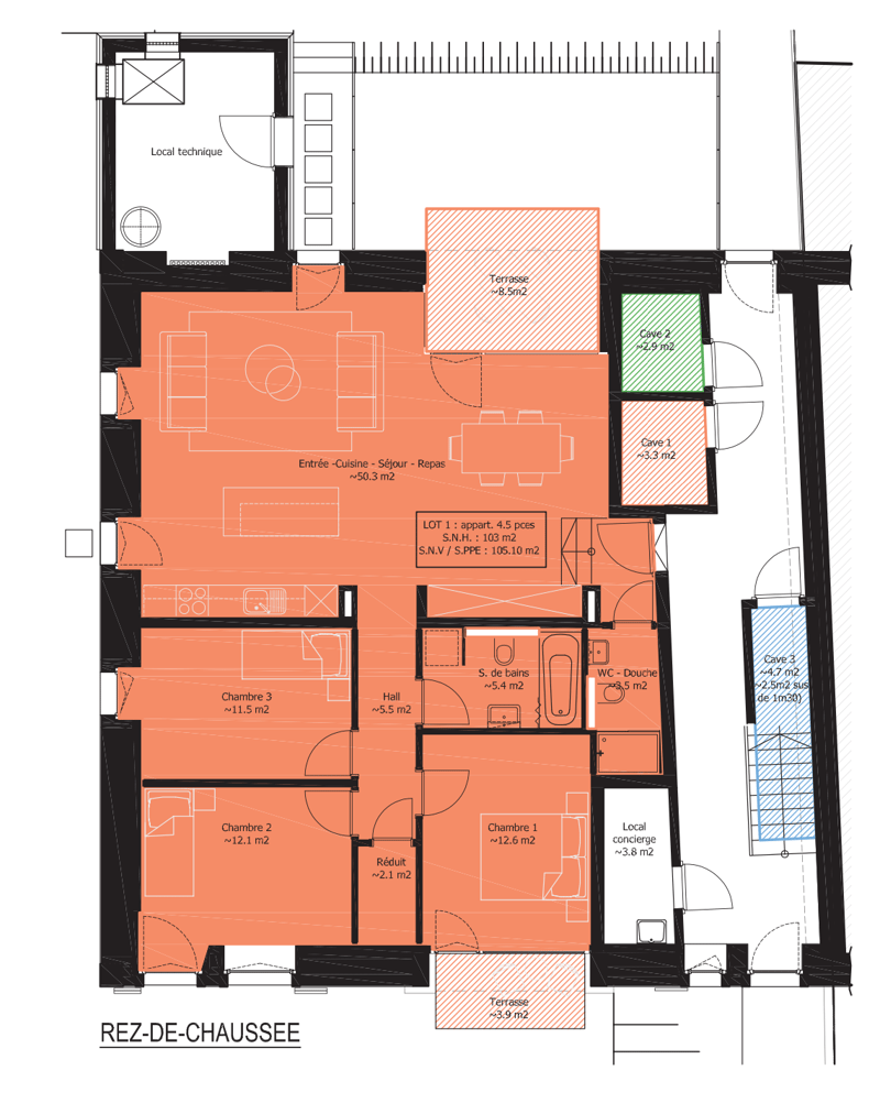 Ground floor layout with living room, kitchen, 3 bedrooms, 2 bathrooms, terrace, and cellar.