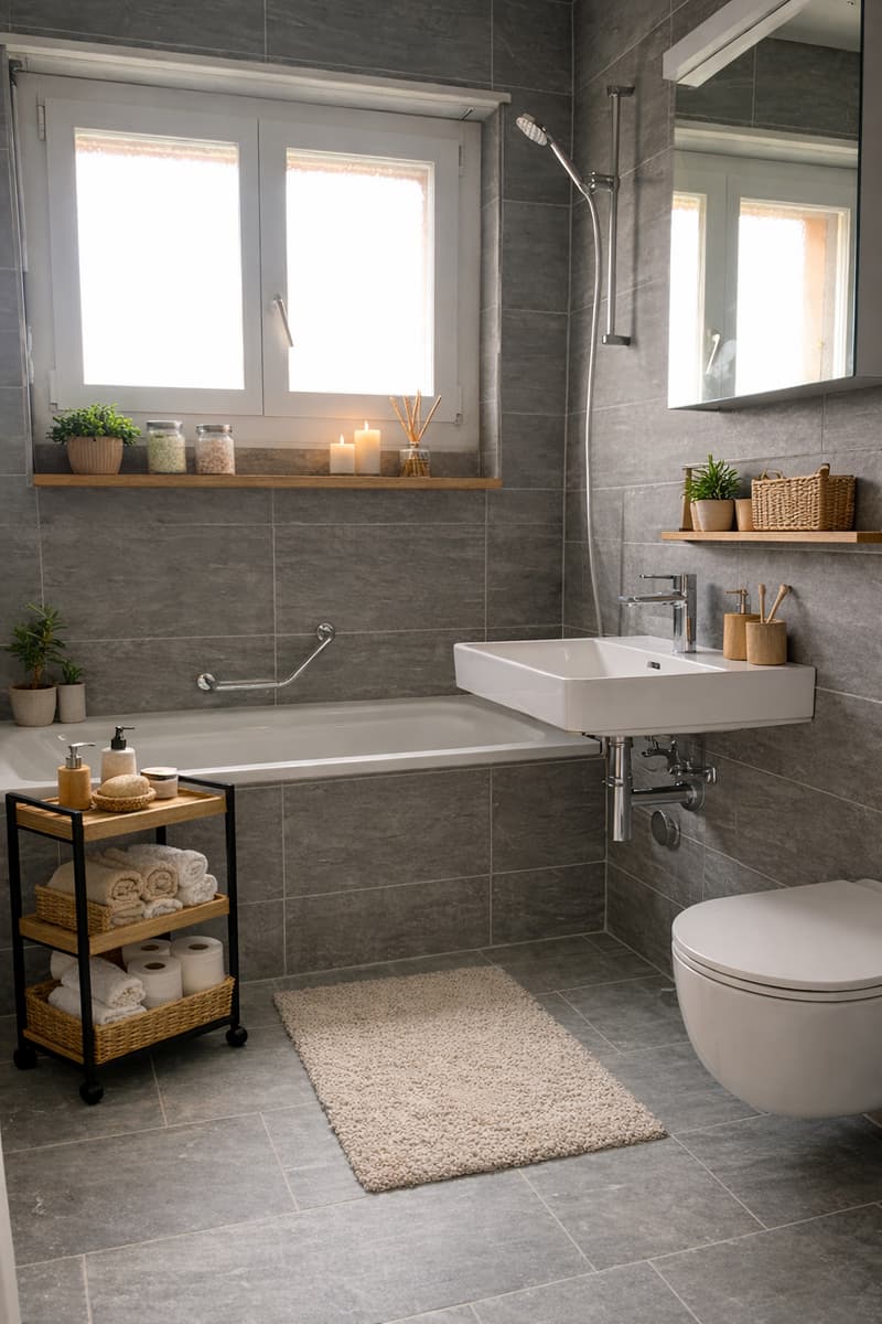 Bathroom with bathtub, sink, toilet, shelves, and a rug
