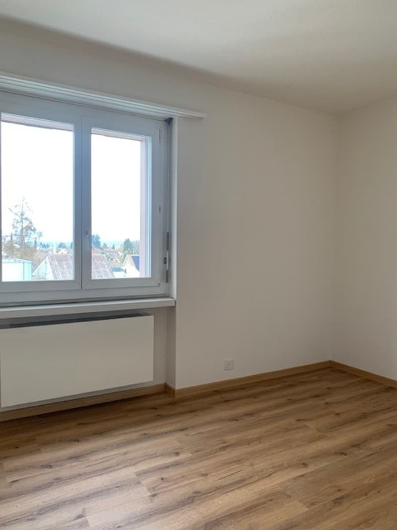 empty room, wooden floor, white walls, large window, white radiator