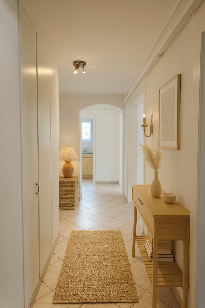 light fixtures, wooden desk, lamp, wooden rug, closets, wall decorations