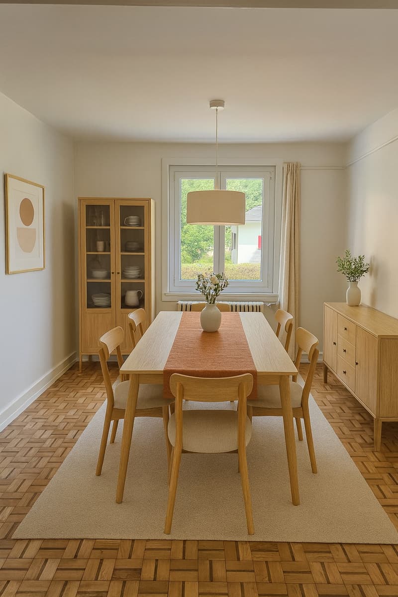 Dining room with dining table, chairs, wooden cabinets, carpet, window, picture frame, and decorative items.