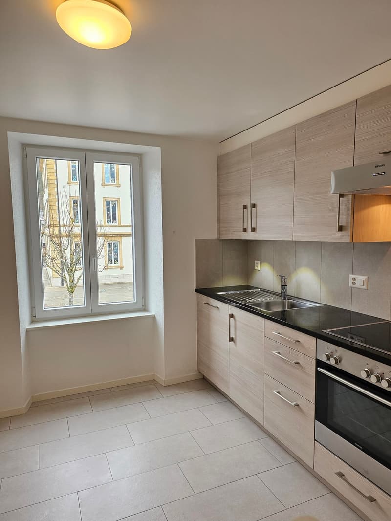 modern kitchen with wooden cabinets, black countertops, stainless steel sink, oven, and extractor hood, large window with view of a tree and building