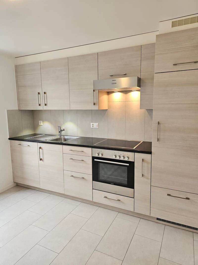 modern kitchen with wooden cabinets, black countertops, stainless steel appliances, tiled floor