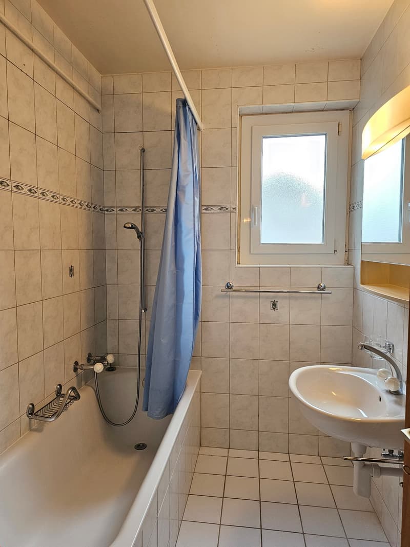 Bathtub, shower, sink, window, white tiles