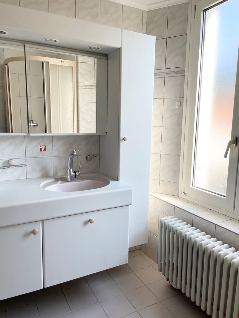 white fixtures, double vanity, large mirror, under-tile radiator, walk-in shower, white tiles