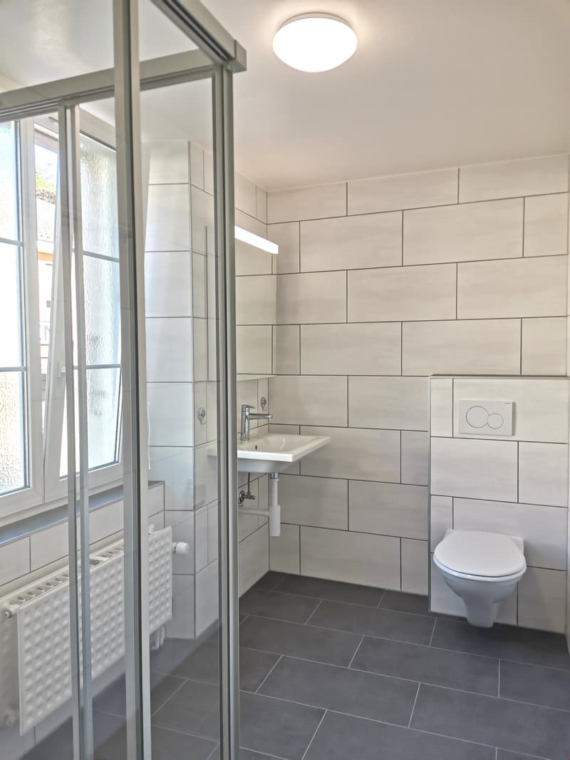 Bathroom with white tiles, glass shower enclosure, white sink, white toilet, white radiator, ceiling light