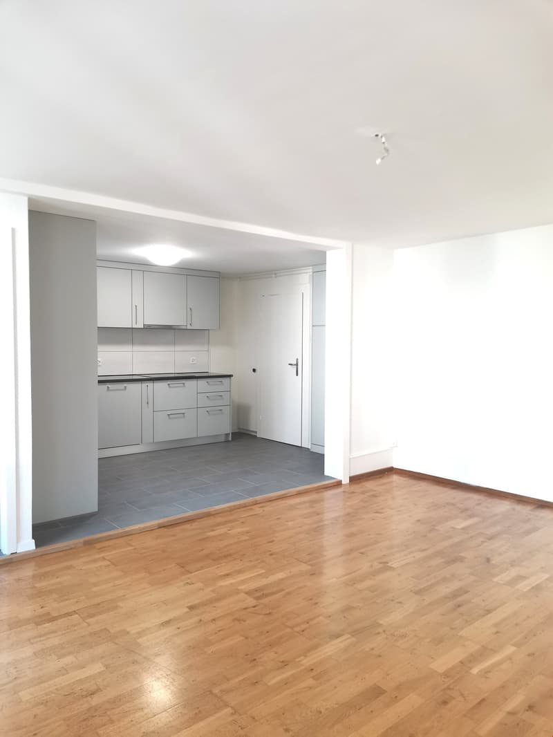 Empty room with wooden floor, white walls, kitchen with cabinets and countertops, and a door leading to another room
