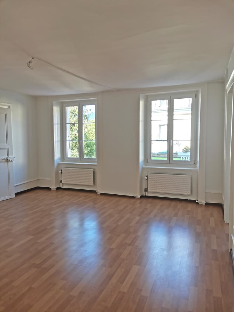 Empty room with wooden floor, white walls, two windows, and radiators.