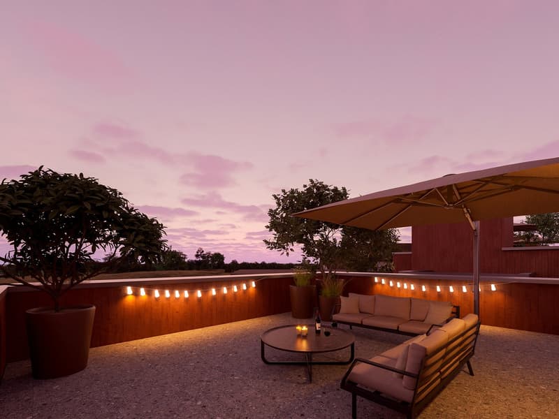 wooden railing, decorative lights, furniture, large umbrella, wine glasses, potted plants, scenic view