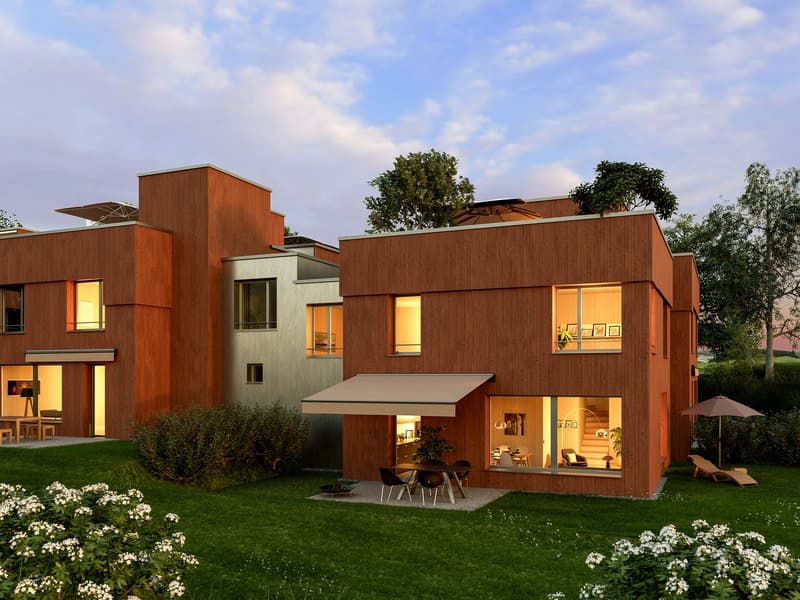 modern design, wooden exterior, large windows, awning, outdoor seating area, garden, fire pit