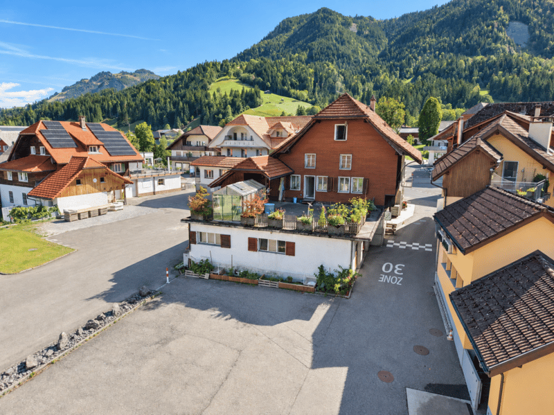 Riesige Terrasse hinter dem Haus mit Treibhaus, überdachtem Sitzplatz und grossem Parkplatz