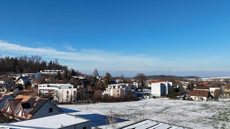 Many houses in a neighborhood with winter landscape, houses have brown roofs and white walls, solar panels on some of the roofs, snow in the field