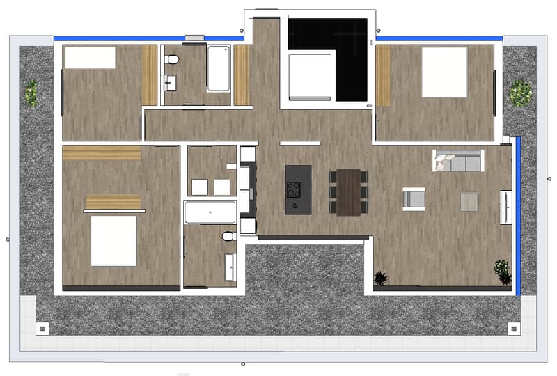 Living room, kitchen, 2 bedrooms, 2 bathrooms, balcony