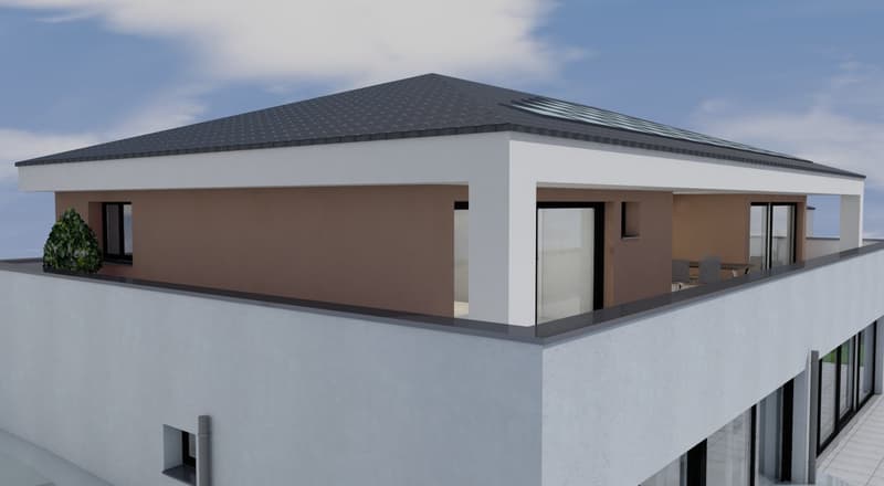 two-story house with terrace, solar panels, glass doors, beige walls, white windows, white exterior