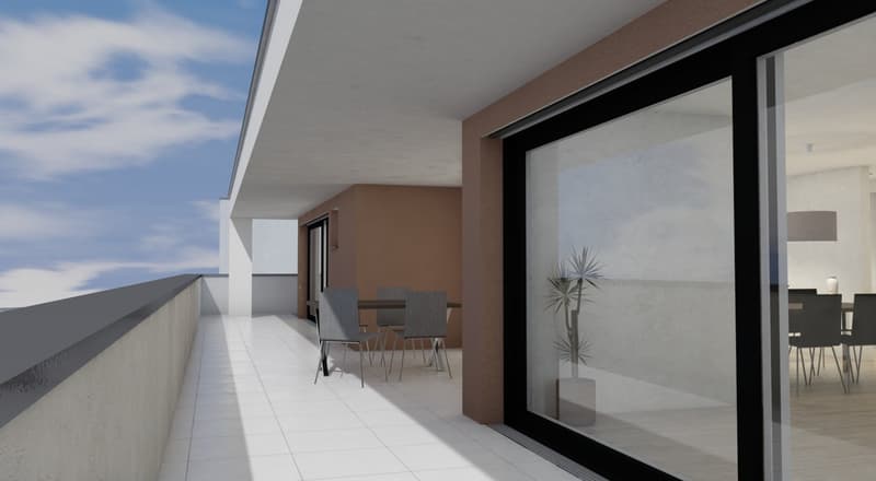Balcony with dining table and chairs, sliding door, balcony railing, and a potted plant.