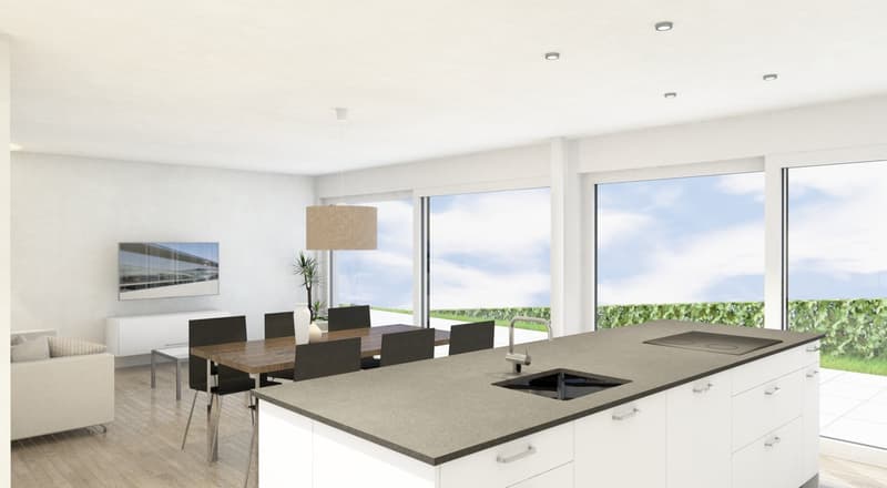 modern kitchen, large windows, countertop, sink, faucet, dining area, dining table, chairs, couch, TV