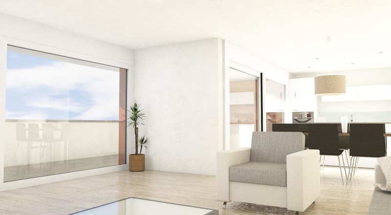 modern room, white walls, wooden floor, large glass windows, balcony, indoor plant, modern armchair, coffee table, dining table and chairs