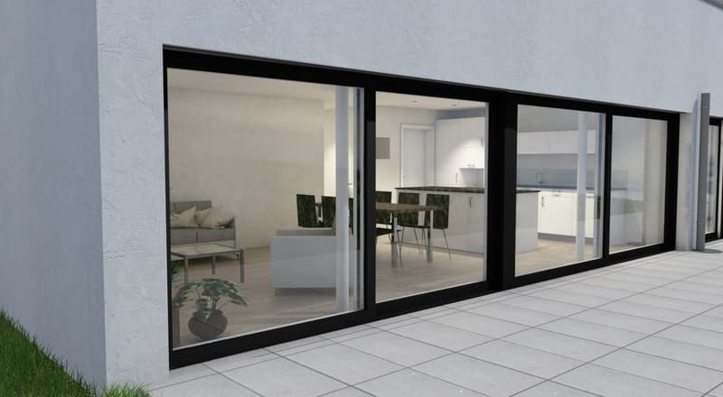 white walls, black windows, dining table with chairs, couch, tiled flooring, indoor plants