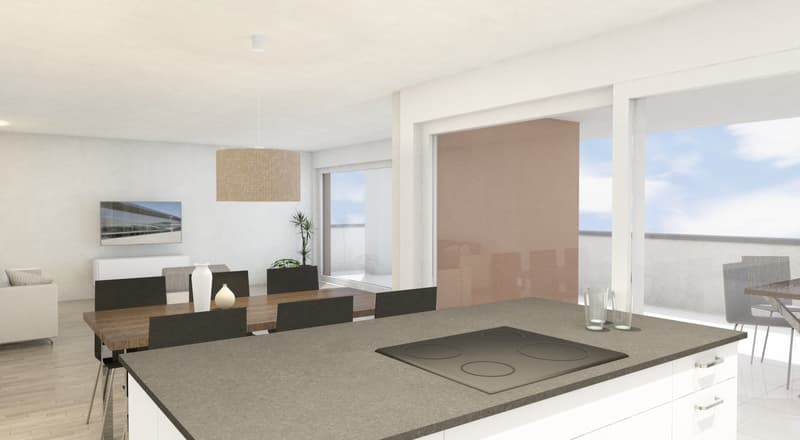 Modern Kitchen with granite countertops, built-in oven, white cabinets, induction hob, modern lighting, and a dining area with large windows and a large table.