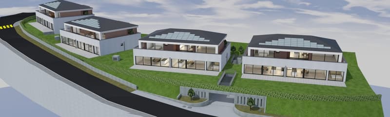 modern terraced houses, solar panels, raised ground floor, gardens, access roads