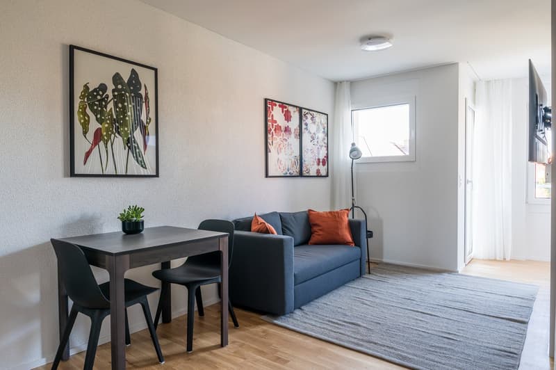small living area with blue sofa, gray rug, floor lamps, a table, and two chairs