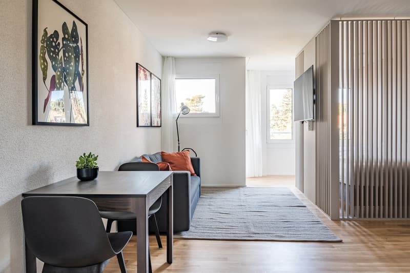 A small, modern room with a gray sofa, wooden table, gray chairs, carpet, gray walls, white ceiling, and white curtains. The room is illuminated by a wall lamp.