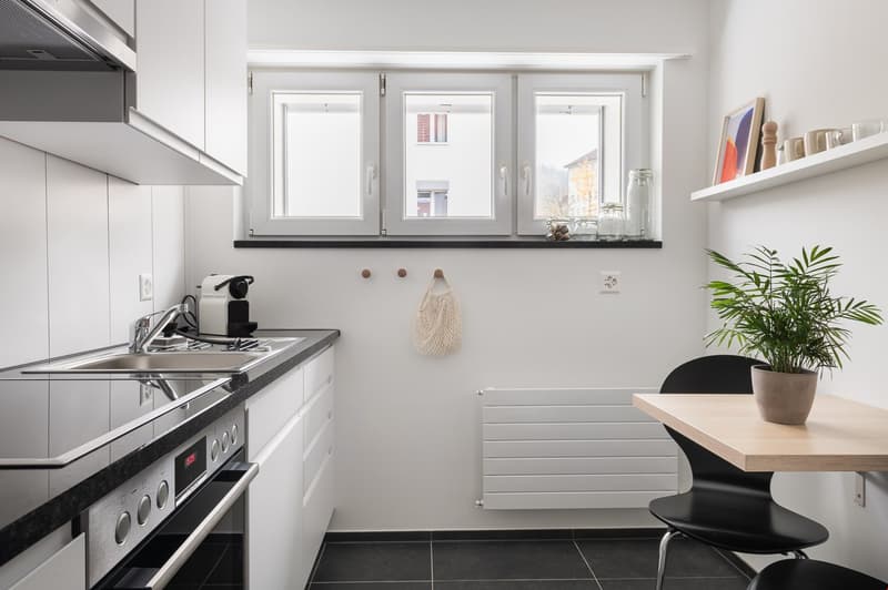 modern kitchen with modern appliances, kitchen sink, kitchen stove, window, shelf, wooden table, black chair, plant
