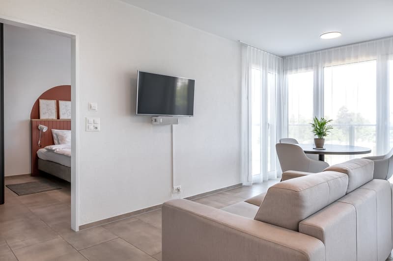 Modernly decorated living room, grey sofa, TV, small dining table, bed, and desk