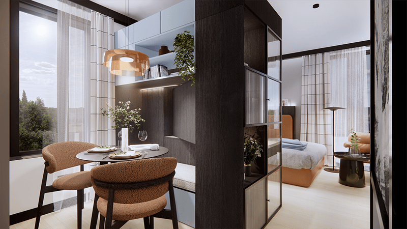 small dining area with table and chairs, shelves, couch, bed, curtained window