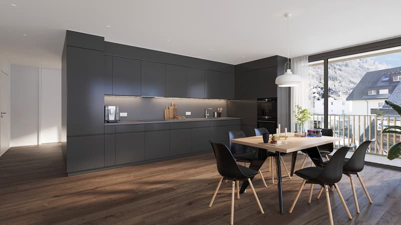 Modern kitchen with wooden floor, gray cabinets, modern lighting, dining table, modern chairs, balcony with view