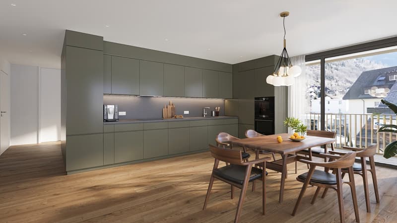 kitchen with wooden dining table, balcony with metal railings, gray wooden cabinets, modern lighting