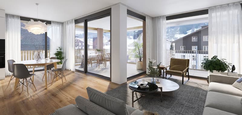 Modern open concept living space with sliding glass doors leading to balcony, hardwood floors, round dining table with chairs, beige and grey furniture, indoor plants, large windows