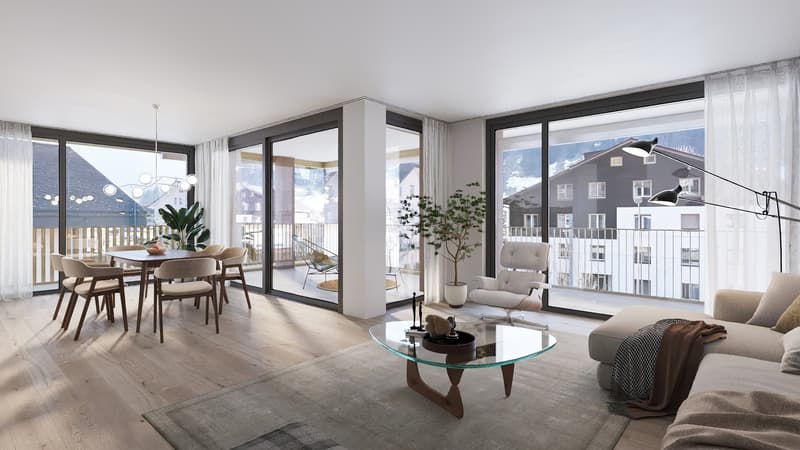 dining table, chairs, rug, couch, armchair, coffee table, plant, lamp, sliding doors, balcony, view