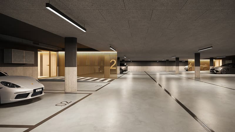 concrete flooring, illuminated ceiling, two rows of parking spots, central column, car entrance, multiple cars