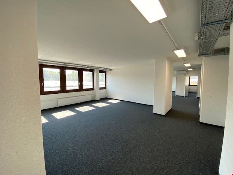 Large open office space with hardwood floors, large windows, and recessed lighting. The space appears to be a commercial or office setting with a spacious layout.