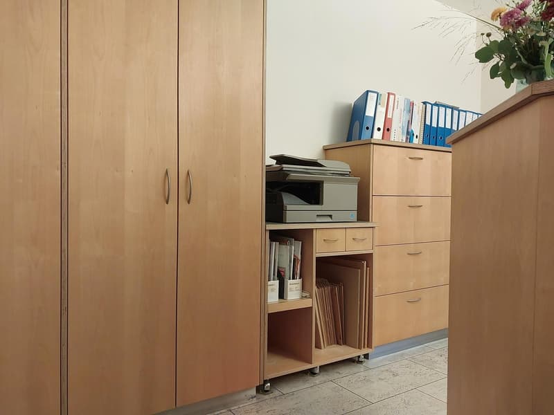 wooden cabinets, printer, storage box, flower on desk
