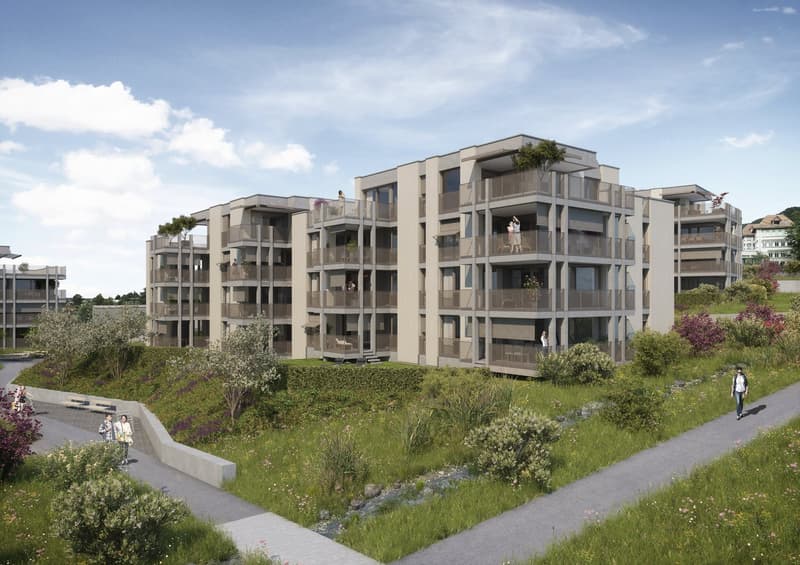A three-story residential building with several balconies, elevated garden area, and multiple plants