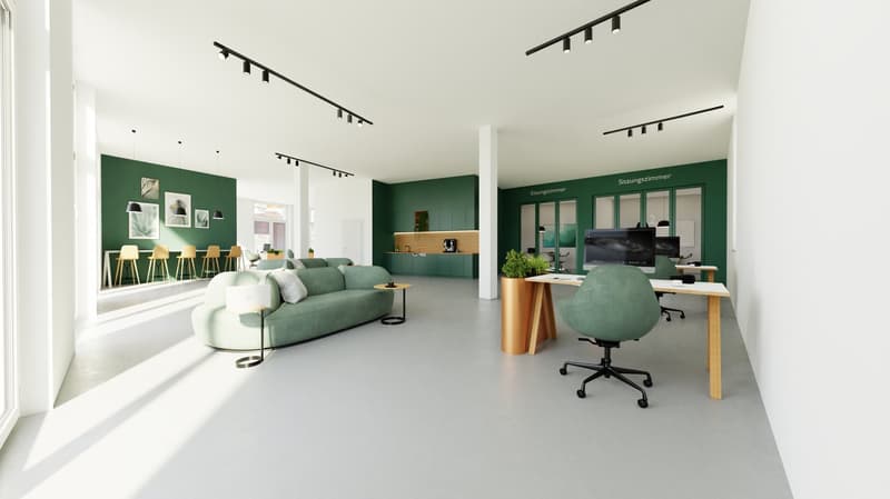 green walls, large green sofa, round table with office chair, dining room table and chairs, kitchen area with coffee machine
