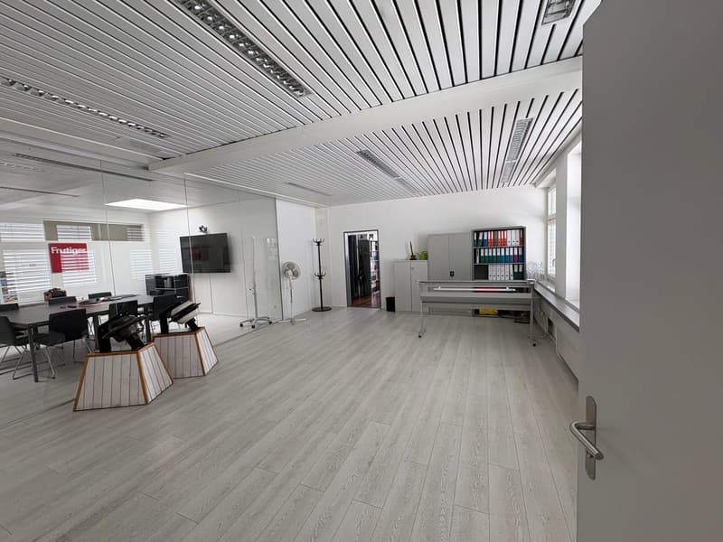 large open space, white walls, wooden floor, glass wall, table, chairs, fan, shelves, file cabinet, television